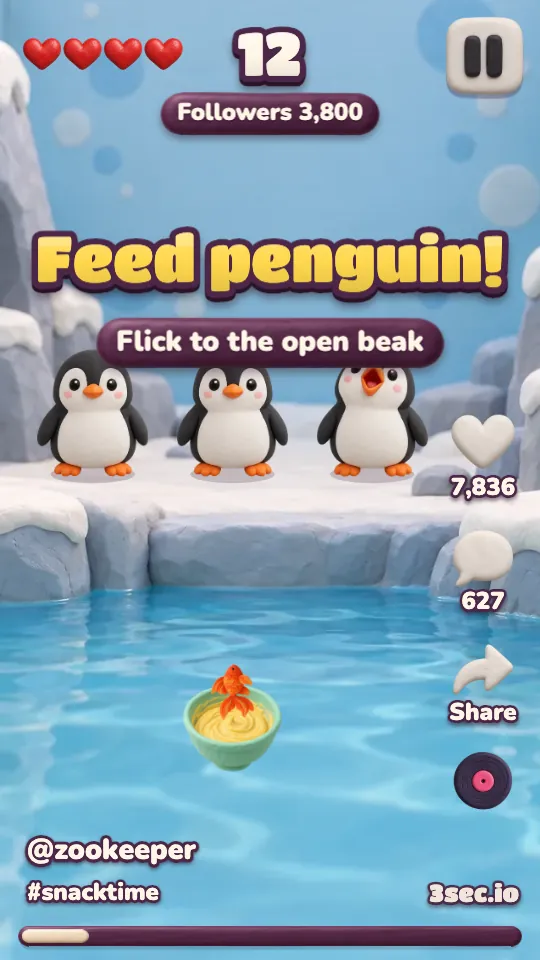 Feed penguin!: the title is the goal and the line under it names the move.