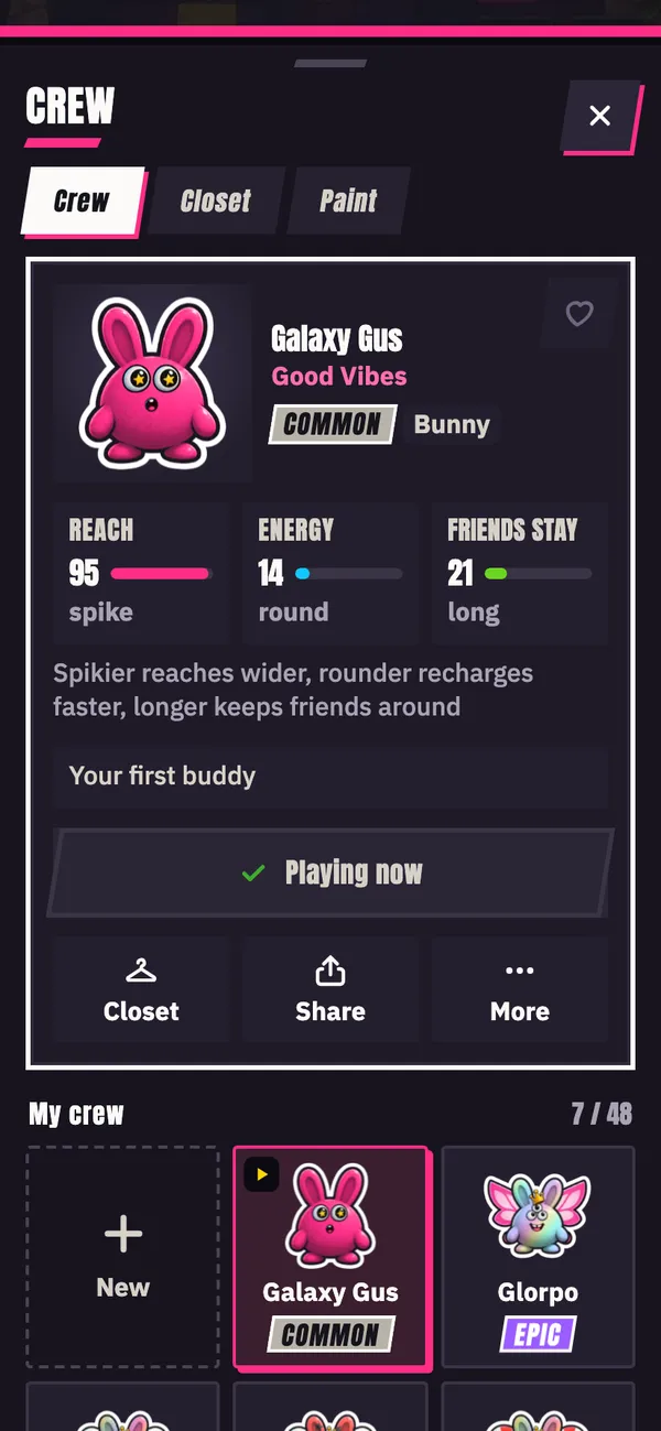 The Crew sheet: reach, energy and friends-stay stats.