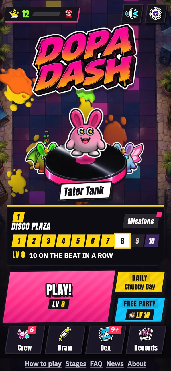 The home screen: your creature on the record and every menu, with LV stickers on locked ones.
