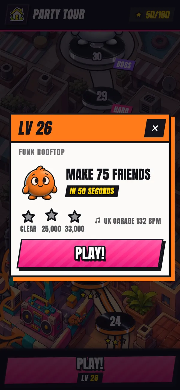 The Party Tour map with a Funk Rooftop level card open.