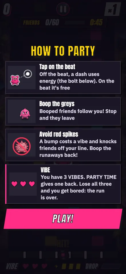 The HOW TO PARTY card: tap on the beat, boop the grays, avoid red spikes.