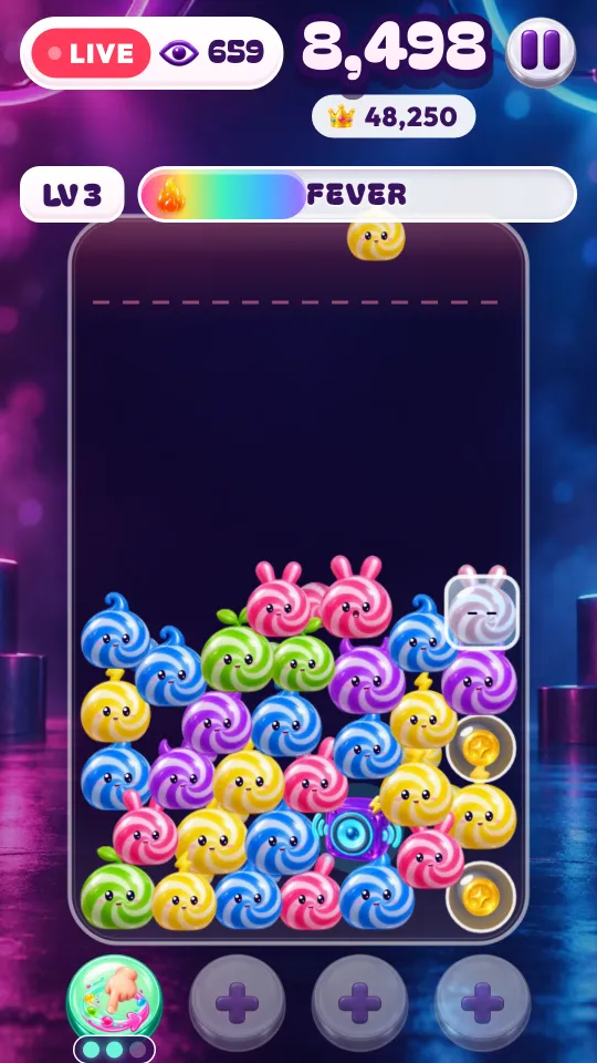 Marathon at level 3: a bass speaker, coin bubbles and a frozen jelly.