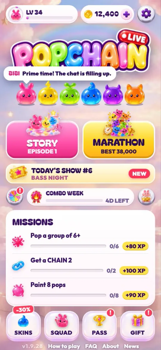 The home screen: the squad, STORY and MARATHON, and TODAY'S SHOW.