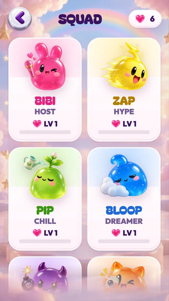 The SQUAD screen: Bibi, Zap, Pip and Bloop.