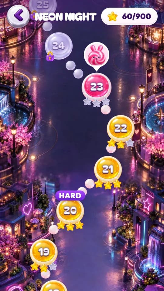 The story map in Neon Night, with stars under cleared episodes.